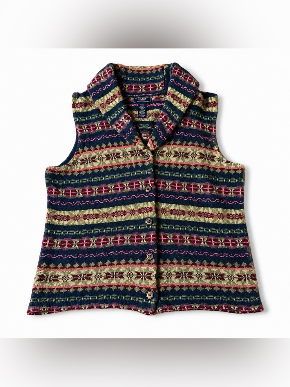 Chaps Denim Fair Isle Knit Button-Front Sweater Vest – Size Large